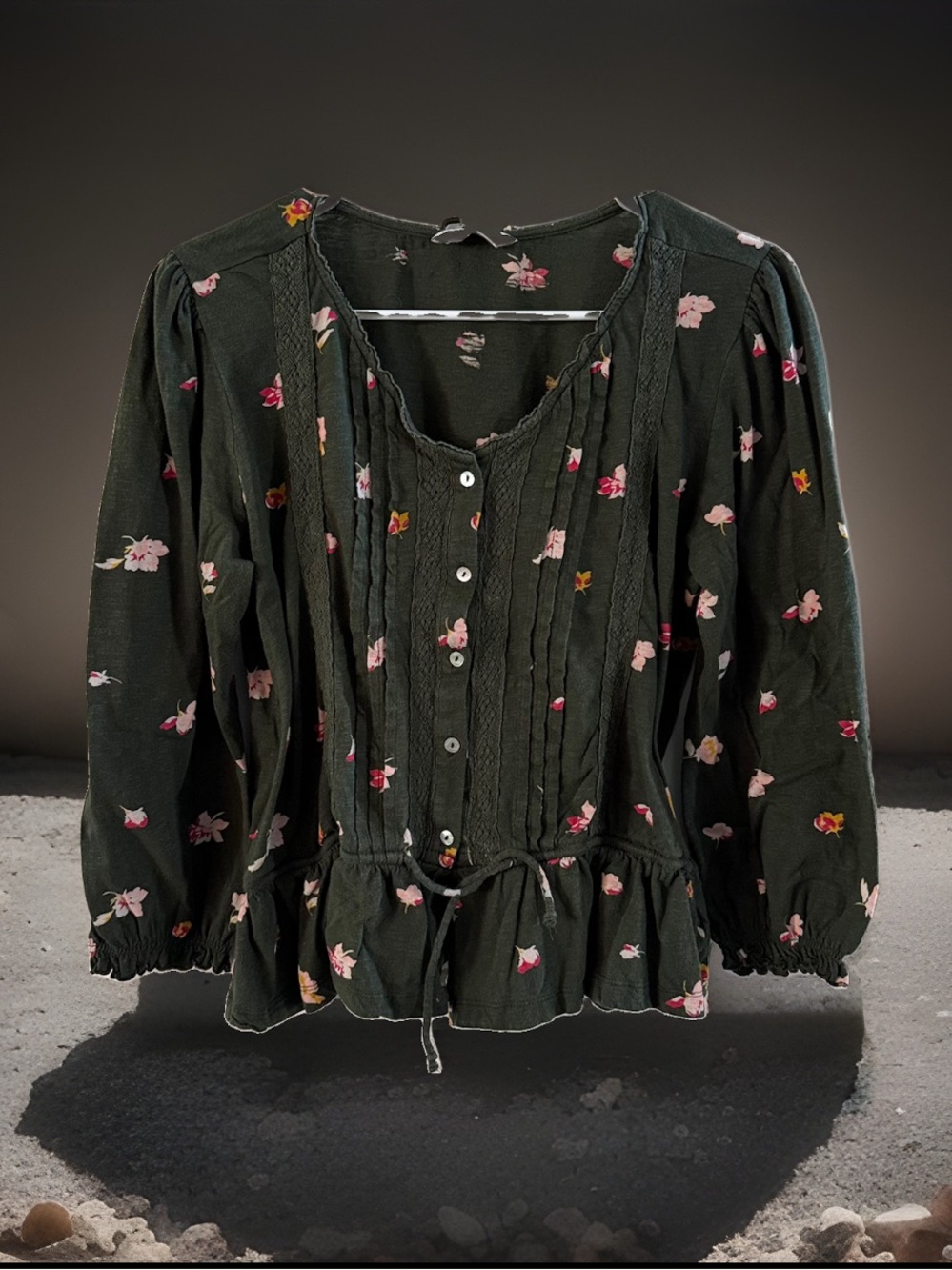 Lucky Brand Women’s L Green Floral Peasant Blouse Boho Pintuck Peplum Cotton